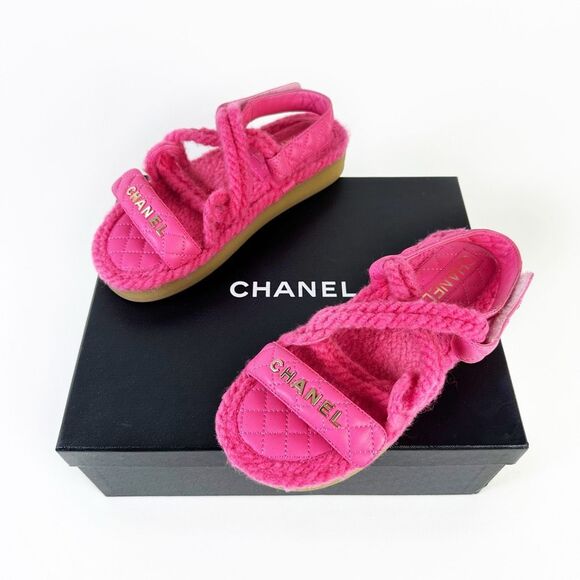 CHANEL Shoes - CHANEL Pink Rope CC Dad Sandals Size 37 Open Toe Gladiator Slingback Fuzzy